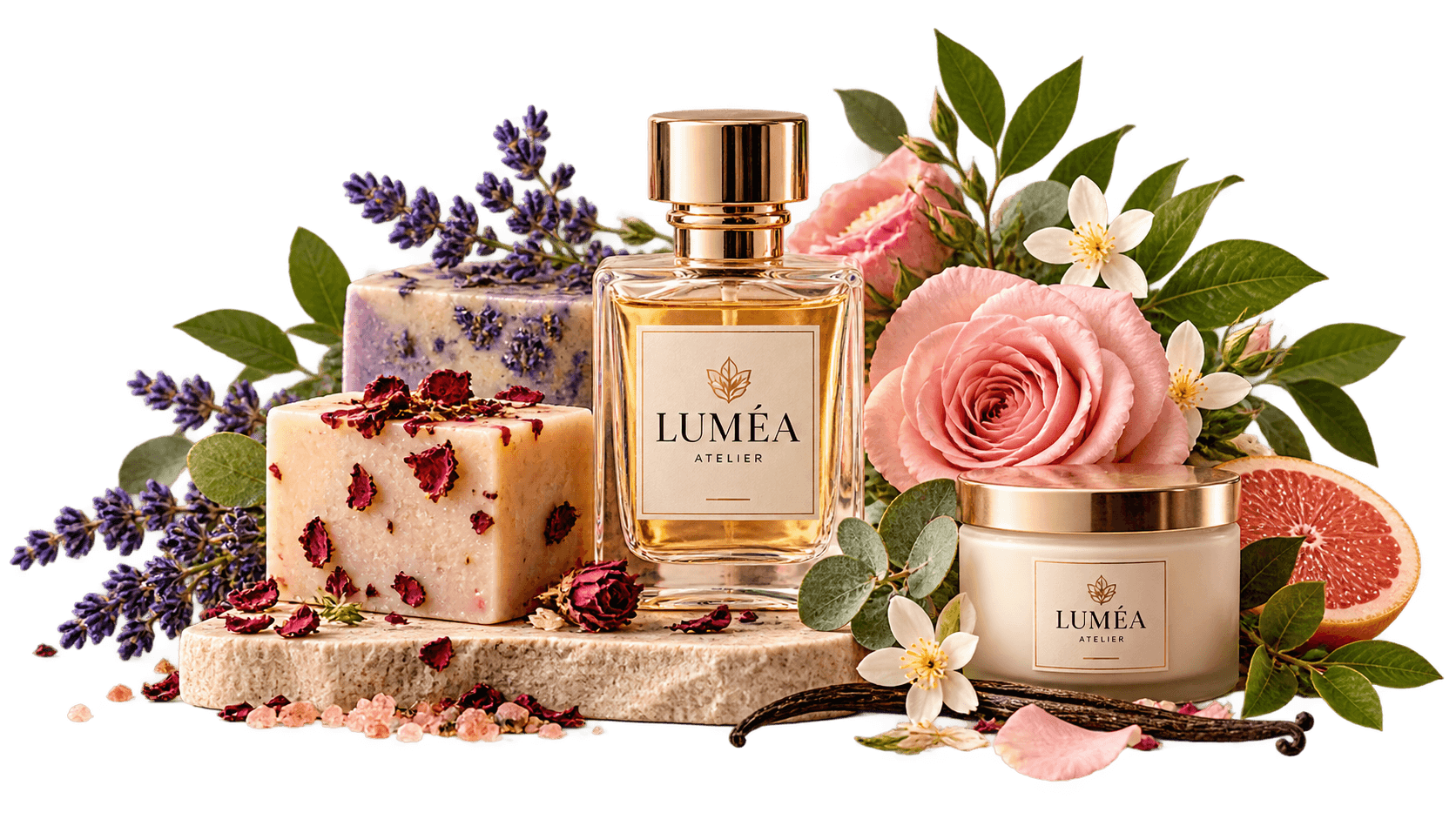 Composizione Luméa Atelier di saponi, profumo e crema ispirati alla natura