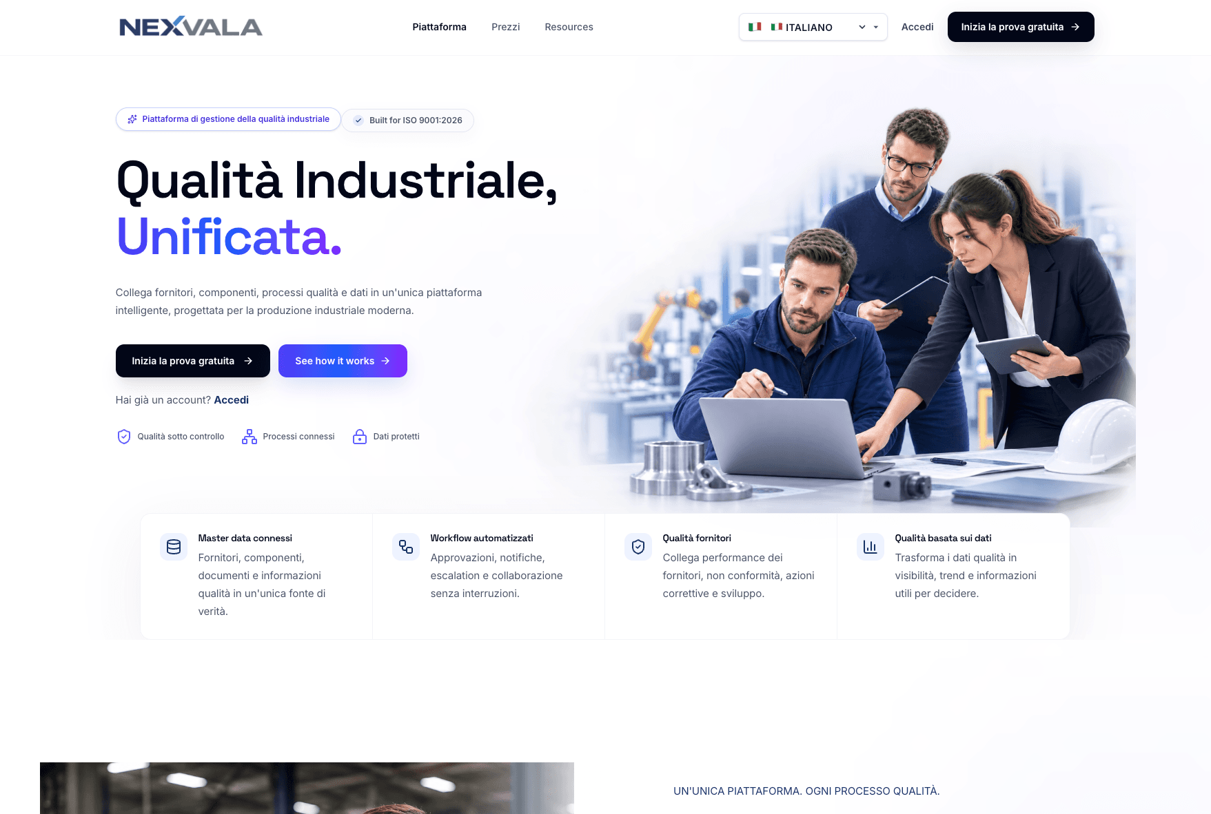 Homepage Nexvala, piattaforma per la gestione della qualità industriale