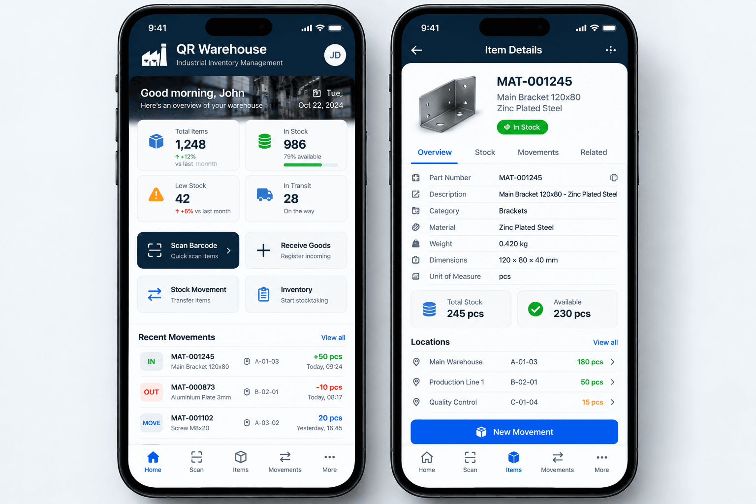 Schermate QR Warehouse con dashboard e dettagli degli articoli industriali