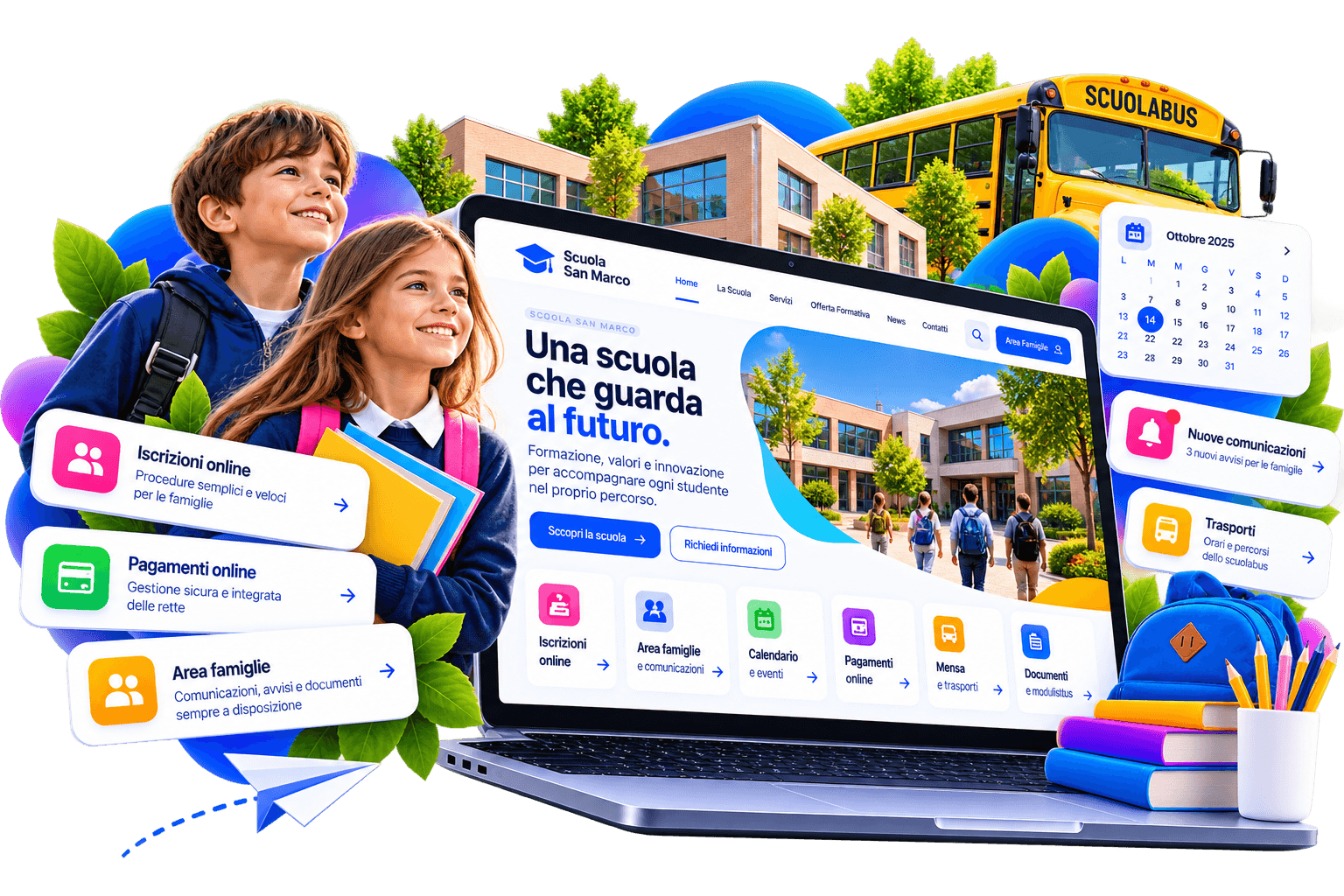 Sito web scolastico con informazioni, iscrizioni online, calendario e servizi per le famiglie