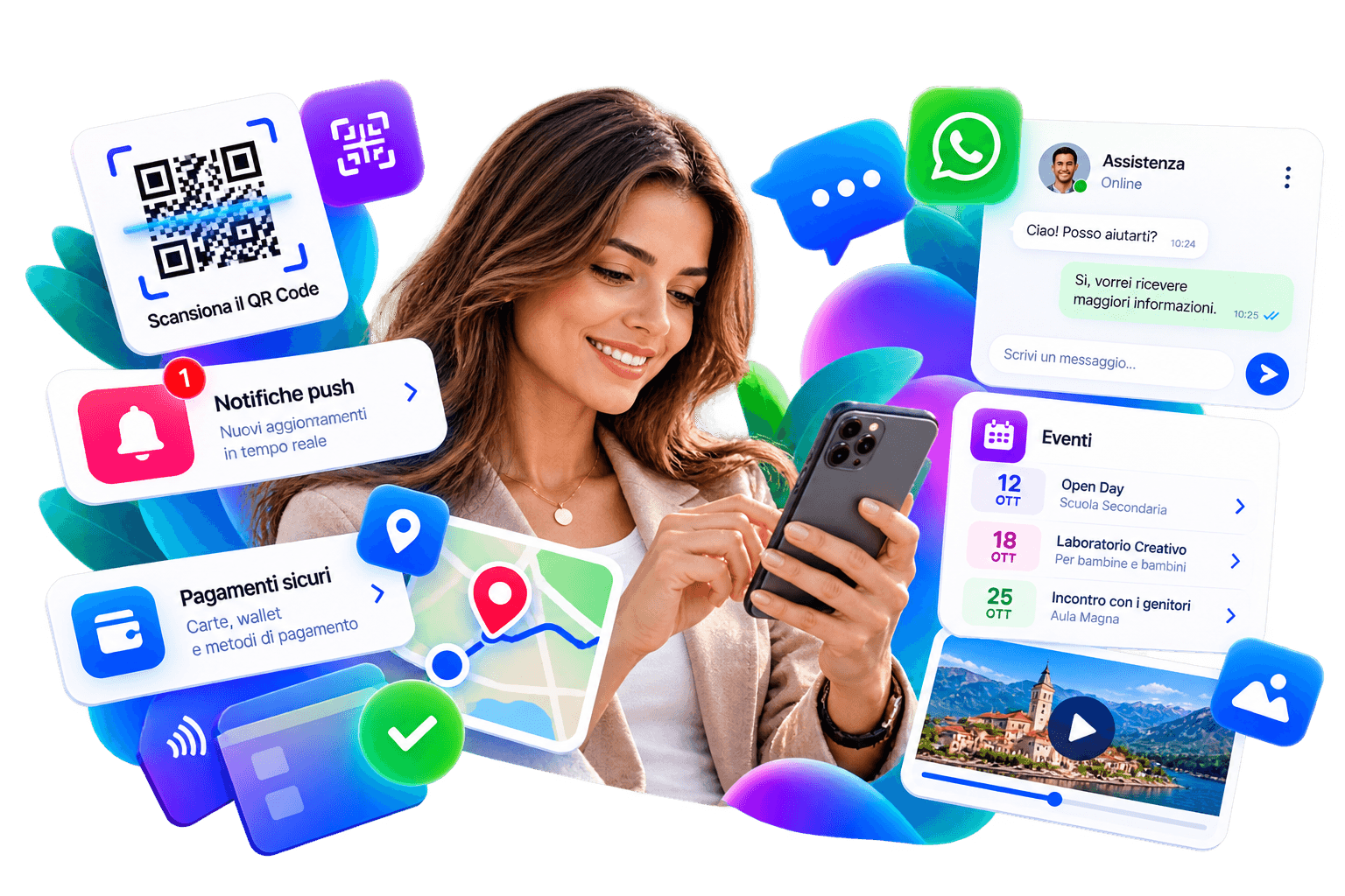 Funzionalità mobile per applicazioni social, servizi, messaggistica e pagamenti