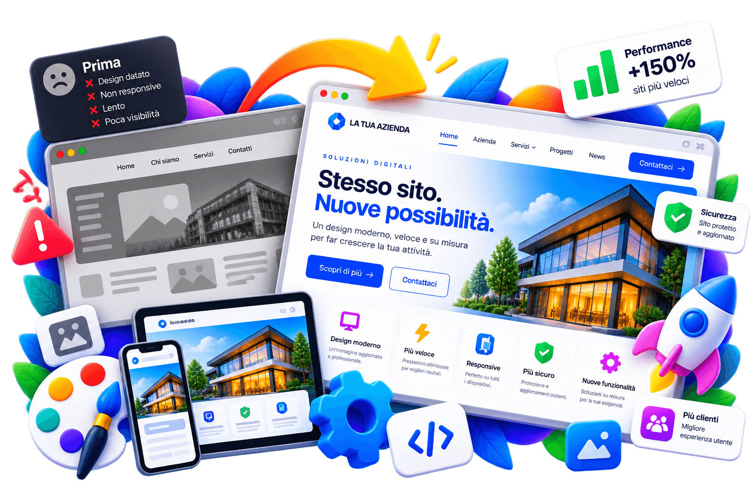 Funzionalità per migliorare design, velocità e sicurezza di un sito